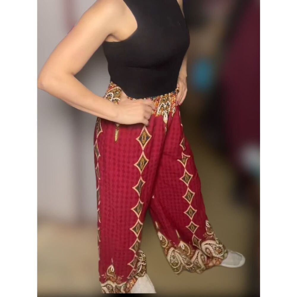 Fashion Nova Burgundy Paisley Patterned Elastic-Waist Wide-Leg Pants (Small) - Picture 4 of 16
